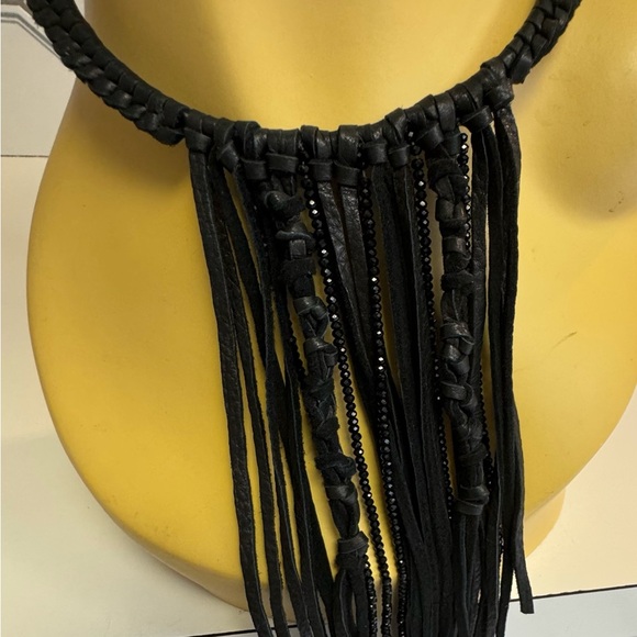 Millianna Italy Couture Black Leather Suede MultiFringe Jet Crystal Omega Choker - Picture 2 of 8